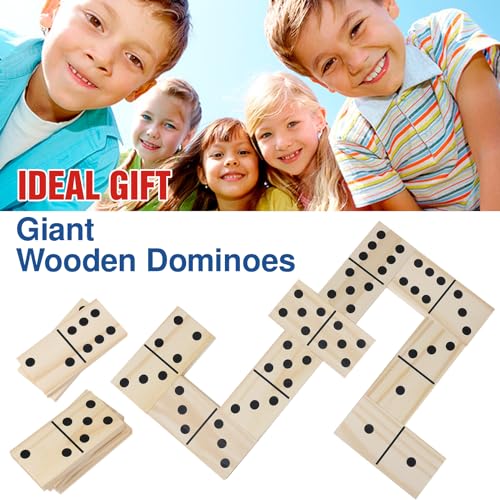GOTHINK Giant Wooden Dominos Set for Adults and Kids,28pcs Jumbo Natural Wood Black-Dot Dominoes Tiles for Birthday/Holiday Family Party Games,Outdoor Camping Lawn and Backyard Activities 2-4 Players - style: Black Dot