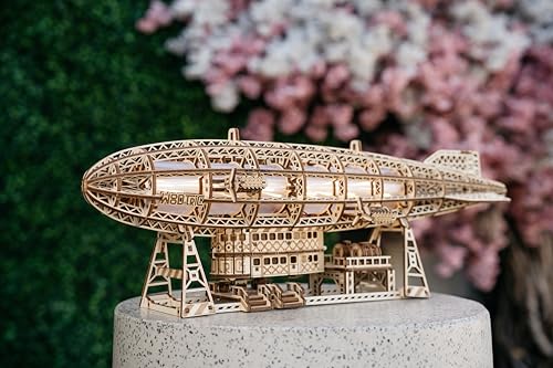 Wood Trick Luminous Zeppelin Dirigible LED 3D Wooden Puzzles for Adults to Build - Moving Propellers & Tail - Includes Wall Mount & Stand - Engineering DIY Project Mechanical 3D Puzzle Model Kits