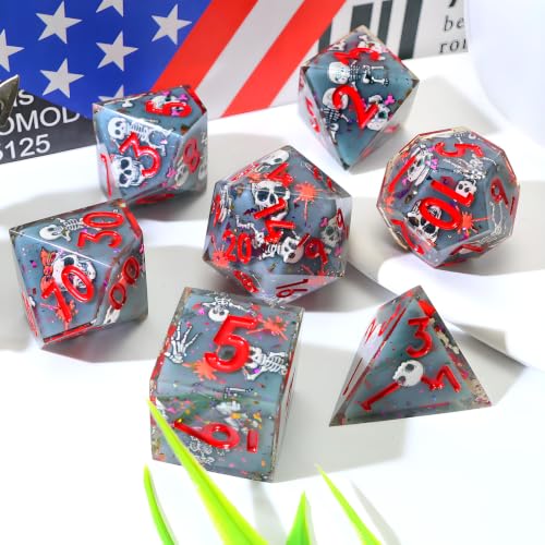 XENOLUX Polyhedral Dice Set for Dungeons and Dragons - Spooky Cute 3D Dancing Skeleton Resin DND Dice Set with Tin Box, Sharp Edge RPG Dice for Tabletop Board Games (L19) - color: L19