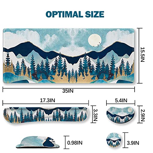 ARTSO Large Gaming Mouse Pad Set, Keyboard Wrist Rest Support + Mouse Wrist Cushion + Extended Mousepad + Coaster, 35x15.5in Multifunctional Desk Mat, Abstract Mountain - color: Abstract Mountain