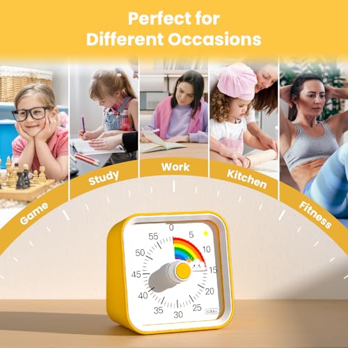 Visual Timer for Kids, Rainbow Timer with Pause Function, Yellow | Cute Silent Timer for Classroom, ADHD, Kitchen, Toddlers, Study, Alarm 3 Volume Levels, Light Indicator, Easy to Use - color: Rainbow Yellow