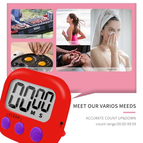 6 Pack Small Digital Kitchen Timer Magnetic Back and ON/Off Switch,Minute Second Count Up Countdown (Red) - color: Red