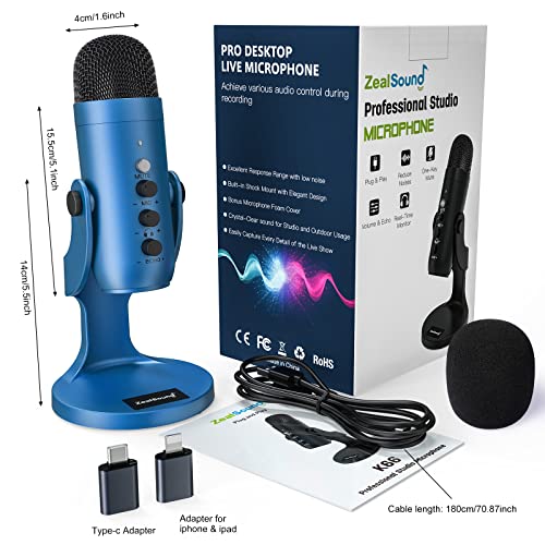 ZealSound Podcast Microphone for PC, Noise Cancellation USB Mic with Gain, Volume Adjustment & Mute Button, Monitoring & Echo, for YouTube, TikTok, Podcasting, Streaming, iPhone, iPad, Android(Blue) - color: Blue