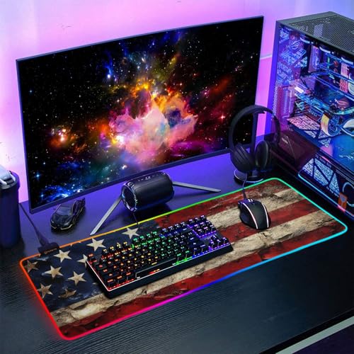 Gaming Mouse Pad Art USA Print, Multiple Modes RGB Light Large Fabric Keyboard Pad with Anti Slip Rubber Base Large - size: Large