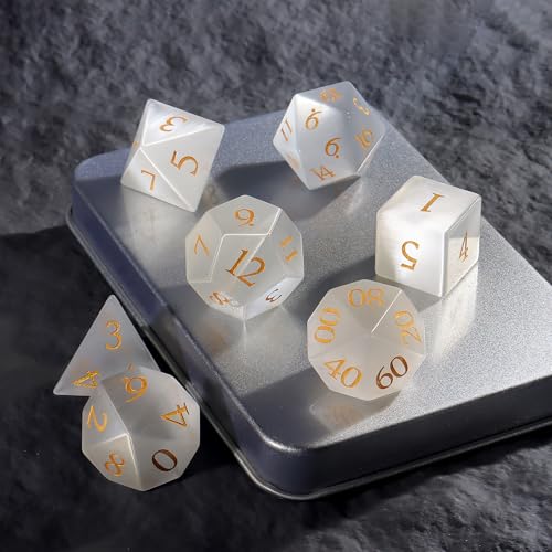LUCKY-M Cat Eye Gemstone Dice DND Set, 7PCS Natural Handmade Dice for Dungeons and Dragons, D&D Accessories Men Gift (White) - color: Cat Eye- White