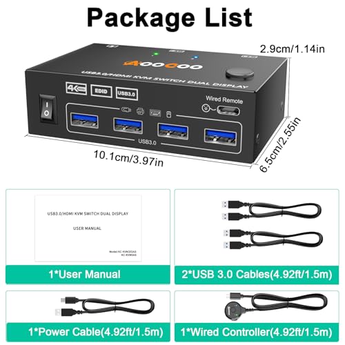 Dual Monitor HDMI KVM Switch 2PC 4K@60Hz Simulation EDID,HDMI USB 3.0 Switch Extended Display 2 Monitors 2 Computers with USB 3.0 Cables and Wired Controller - size: 10 cm