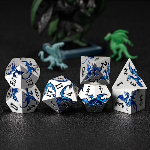 Metallic D&D Dragon Dice Set,Metal DND Polyhedral Dice with Dragon for Dungeons and Dragons RPG TTRPG D and D 7-Die Set with Gift Case (Dragon-Pearl Silver Transparent Blue) - color: Dragon-pearl Silver Transparent Blue