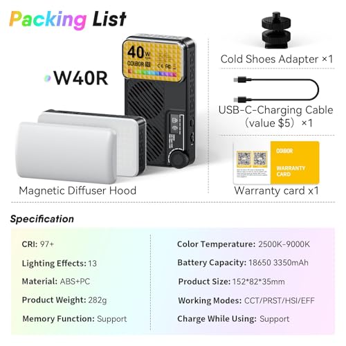 Moman Small LED Camera Light 40W, Full RGB Video Lights with Diffuser, App Control, 2500-9000K, CRI 97+, USB-C Fast Charging, Portable Photography Fill Light for Sony Canon Video Recording