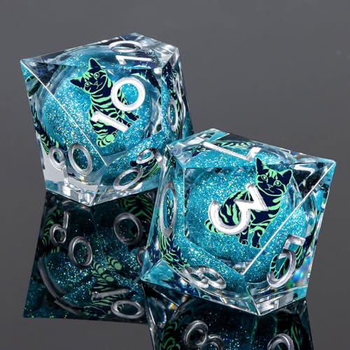 KERWELLSI Cat Liquid Core DND Dice Set with Gift Box, 7Pcs Resin Dungeons Sharp Edge D&D Dice, Dragons D and D Role Playing Dice D20 D12 D10 D8 D6 D4, Blue and Light Green Cat - color: Blue and Light Green Cat