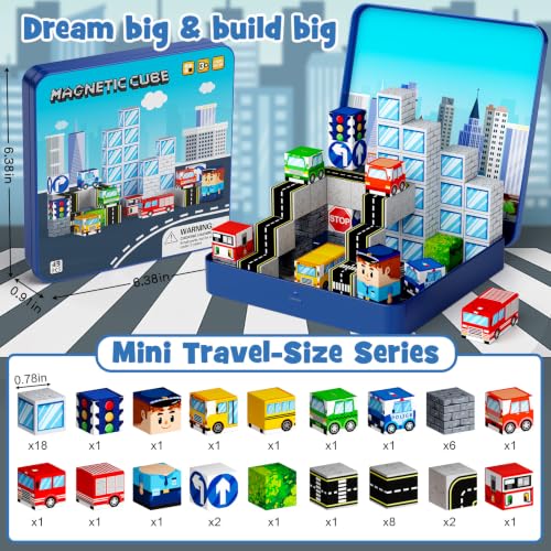 City Traffic Magnetic Blocks Set Fully Encased Magnets Non-Toxic | Child-Safe STEM Toys & Choking-Proof Travel Learning Gift for Ages 3-8 Car/Airplane Toddler Toy Birthday - style: City Traffic 49
