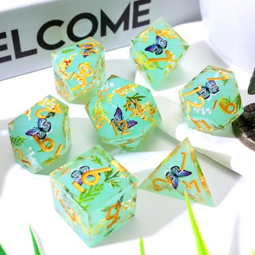 XENOLUX Polyhedral Resin DND Dice Set for RPG and Board Games, Clear with Internal Butterfly and Yellow Flowers, 7 Pieces in Tin Box (L17) - color: L17