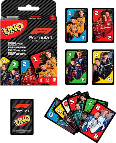 Mattel Games UNO F1 Card Game for Kids, Families, Travel & Camping, Deck Features Images from the World of Formula 1 Racing - style: UNO F1