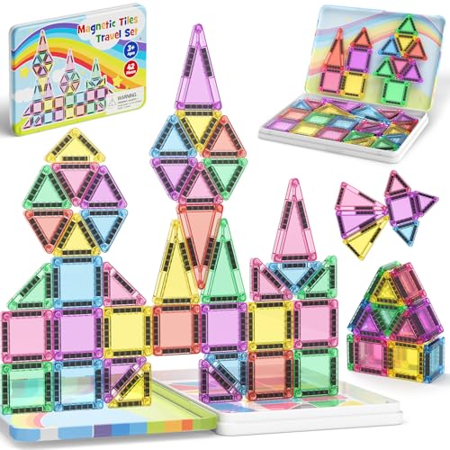 Magnetic Tiles Travel Toys for Kids 4-8, 42PCS Candy Color STEM Building Blocks with Visual Storage Guide & Metal Case, Airplane Activities & Toddler Travel Essentials Ages 3-5 - style: Magnetic Tiles Travel Construction Set - 42PCS