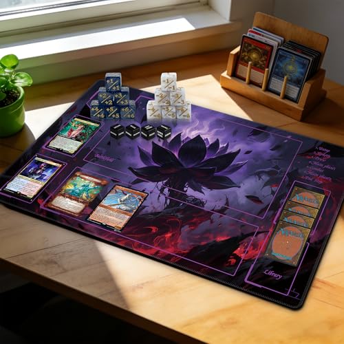 MTG Playmat with Storage Tube & 7-Dice Set - Waterproof TCG Playmat with Stitched Edges, Non-Slip Rubber Card Game Mat (24"x14") (playmat with Zones, Dark Flame Lotus) - color: Dark Flame Lotus, style: playmat with zones