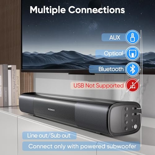 RIOWOIS 17 inch Sound Bar for Smart TV,Peak Power 80W | Bass Boost & Crisp Vocals, Optical/Auxiliary /Bluetooth 5.3, Wall Mountable, for TV/PC/Gaming/Projectors - size: 17-inch soundbar