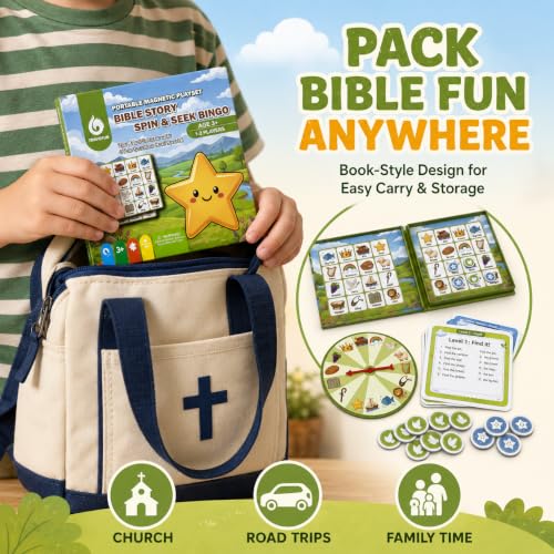 Travofun Magnetic Bible Story Spin & Seek Bingo Game for Kids Ages 3-8 | Portable Christian Learning Toy with Spinner & Question Cards | Interactive Travel Game for Road Trip | Screen Family Activity - style: Bible Bingo