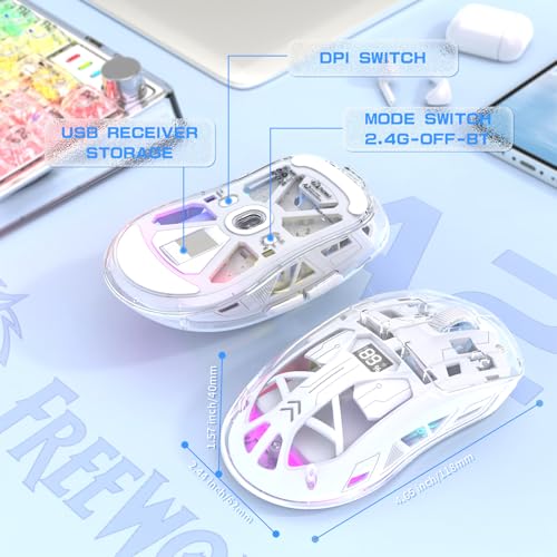 ZIYOU LANG A2 Transparent Wireless Gaming Mouse with Battery Level Display,Bluetooth/2.4G Wireless PC Mice,3D RGB Backlit,5 Million Clicks,PixArt 3212,up to 4000 DPI for Win/MAC (White) - color: White