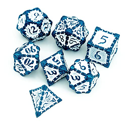 Cusdie 7pcs Metal DND Dice with Tin Box, Dagger Design Polyhedral Die Set, for Role Playing Game D&D Dice Pathfinder (Blue White) - color: Blue White