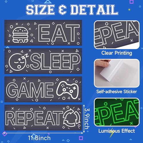 4 Pcs Glow in The Dark Neon Game Wall Stickers, Boys Gamer Room Wall Decals, EAT Sleep Game Repeat Gaming Wall Art Sticker, Kids Bedroom PlayRoom Nursery Party Decoration (Green) - color: Luminescent-043wscp-green