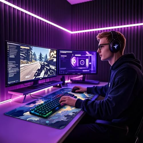 Blue Nebula Aesthetic Large Gaming Mouse Pad Desk Mat 31.5"x15.7" | Extended Mousepad, Non-Slip Rubber Base , Stitched Edges, for Computer/Laptop/Office/Home - color: Blue Nebula