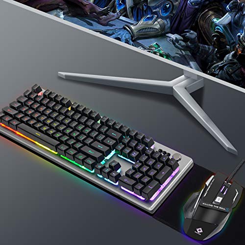 RGB Backlit Gaming Keyboard with Mouse Combo and Mouse pad, Multimedia Keyboard Knob,Mechanical Feel USB Wired Keyboard for Windows PC, Silvery White (10209) - color: silvery white