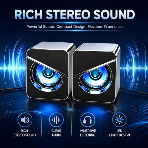 Brand Computer Speakers with Dynamic RGB LED Light, USB Powered Stereo Desktop Speaker, Plug and Play Multimedia Sound Bar for PC Laptop Monitor Gaming Office