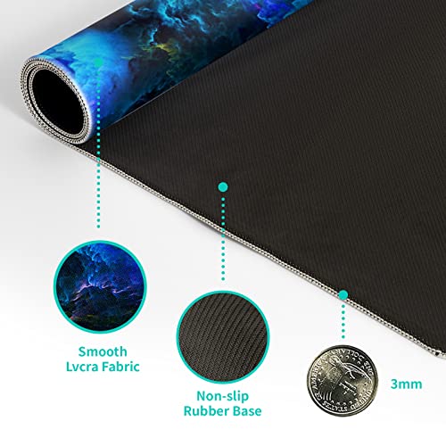 Dazzling Galaxy Gaming Mouse Pad 31.5x11.8 Inch Blue Purple Galaxy Nebula Universe Space Large Mousepad Non-Slip Rubber Base Stitched Edges Keyboard Mouse Mat Desk Pad for Office Home and Game - color: Galaxy