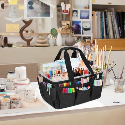 Multi-Functional Tote Craft Bag Desktop File Folder Carrying Bag With Pockets For Art,Craft,Sewing, Travel, Daily Use,Office (Black) - color: Black