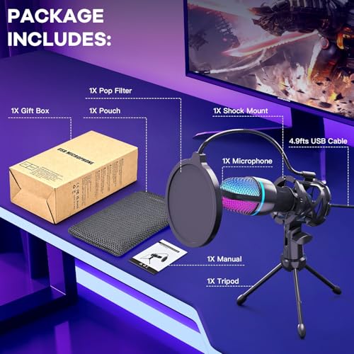 USB PC Condenser Microphone, RGB Light with Tripod & Accessories for Compatible with PS4/5 PC Podcast Streaming
