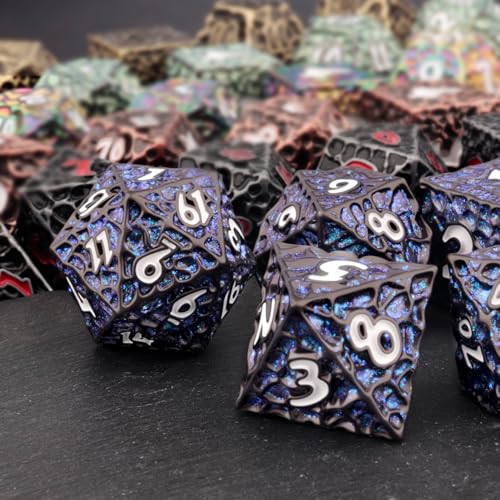 Haxtec Metal DND Dice Set Black Blue Polyhedral D&D Dice Compatible with Dungeons and Dragons Gift TTRPG Glitter Metal Dice - color: Black Blue White