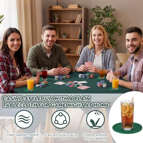 2 Pcs 36 Inch Round Card Game Table Cover with 4 Coaster for Playing Cards Poker Mahjong Bridge Board Game, Green Elastic Stretch Fitted Tablecloth for 32 to 36 Inch Tables