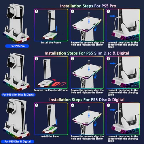 PS5 Stand for PlayStation 5 Disc & Digital Console, PS5 Cooling & Charging Station with RGB, PS5/Slim/Pro Controller Charger Incl. 3 Level Fan,Headset, PS5/Slim/Pro Accessories Comes 3 USB Ports - color: Star-white