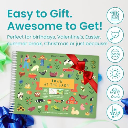 Farm Animal 500+ Kids Sticker Book by Cupkin Toddler Airplane Travel Activity Coloring and Sticker Book, Road Trip Essentials, 12 Coloring Pages 12 Scenes for Ages 2–8 Years - color: Down at the Farm