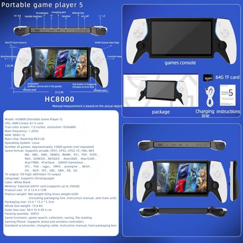 ugtenversi 7.0-inch Retro Handheld Gaming Console 64GB, Pre-loaded with 15,000+ Games/30+ Emulators, Supports HDMI Output for Big-Screen Gaming
