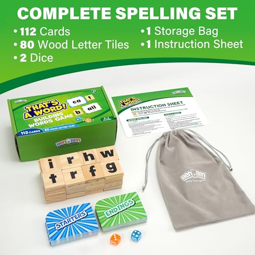 BenBen Family Spelling Games with 112 Flash Cards & Wooden Letter Tiles, CVC Sight Word Building Phonics Game for Kids Ages 4+ & Adults, 1–4 Players, Learning Toys for Home or Classroom