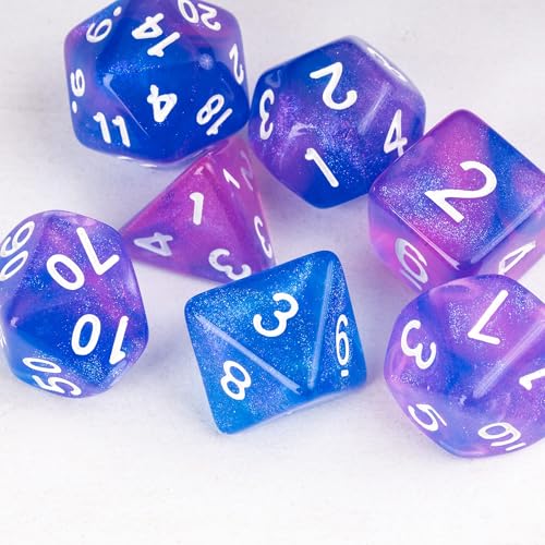 7-Die DND Dice Set Polyhedral Dice Set with a Leather Dice Bag, D&D Dice Set for RPG Table Games (Purple & Blue) - color: Transparent Purple Blue