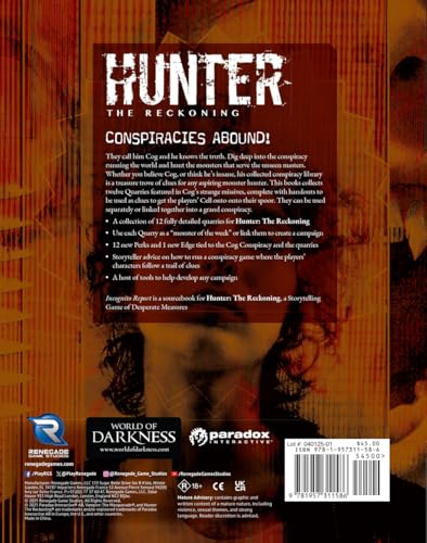 Renegade Game Studios Hunter: The Reckoning 5th Edition Incognito Report | Hardcover RPG Sourcebook with Monster Hunts, Cog Conspiracy Content, New Perks, and Expanded World of Darkness Mechanics