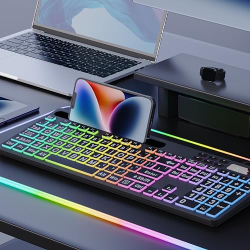 MARVO Large Print Backlit Keyboard, WK712 Wired Computer Keyboards with 7 Colors & 11 Modes Backlight, Tablet Phone Holder and Quiet Light Up Keys, Full-Size Gaming Keyboard for Windows, Mac