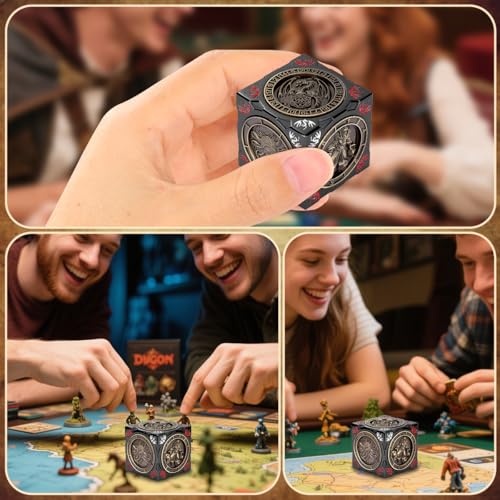 DND Spinner Dice, 7-in-1 Metal Dice Set, 3D Relief Design, DND Polyhedral Rotating Game Dice, D&D Gifts with Dragon Logo Gift Box, RPG, Role Playing Board Game Accessories, Black - color: Gold + Dark Grey