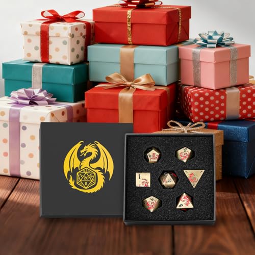 Metal Dice Set, Flat Face Design Dragon Pattern, 7pcs Polyhedral Metal DND Dice Set, DND Starter Set, D&D Gifts with Gift Box, Role Playing Board Games Accessories, Bronze - color: Bronze