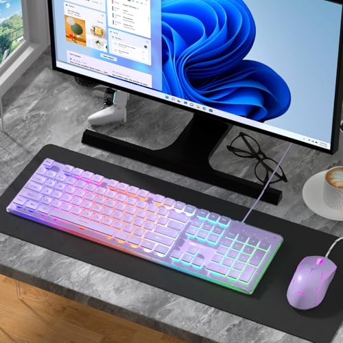 Camiysn Creamy Gaming Keyboard and Mouse, Purple 104 Keys RGB and 6 Speed RGB Mouse Combo, Pudding Keycaps Silent Computer Keyboard for Computer/PC/Laptop/Mac/Windows/Office - color: Purple