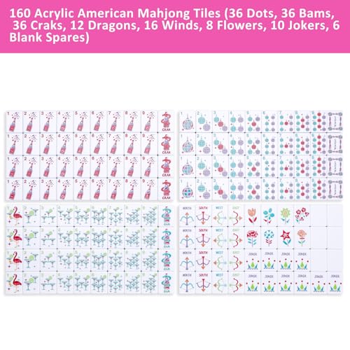 160 Engraved American Mahjong Tiles Set with Carrying Bag and Accessories, 1.2’’ Mahjong Tile Set - color: Magenta
