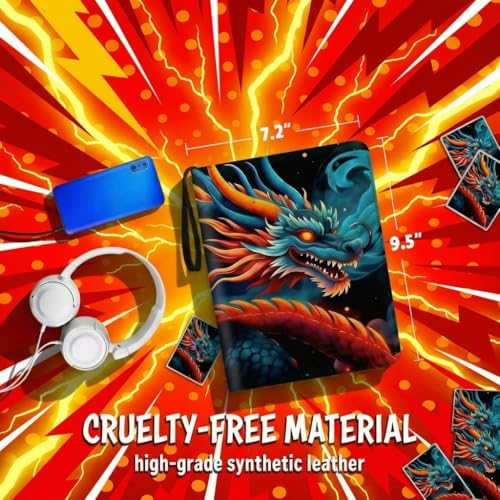 Trading Card Binder Small 4 Pocket,capacity of 400 Cards, 50 Clear Sheets Included, 3 Rings And Zipper, Cards Binder, Collector Binder, Water Proof with Dragon Design (Blue and Red, Small) - color: Blue and Red, size: Small