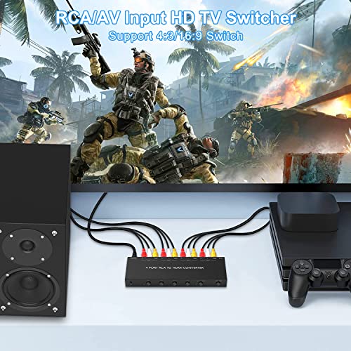 4Port AV to HDMI Converter, 4Port AV to HDMI Switcher with IR Remote, Support 16:9/4:3 and Quick Switch Compatible with WII/N64/SNES/Xbox/PS1/PS2/PS3/VHS/VCR/DVD Players etc.(4AV In-1HDMI Out) - style: 4Port AV to HDMI Converter