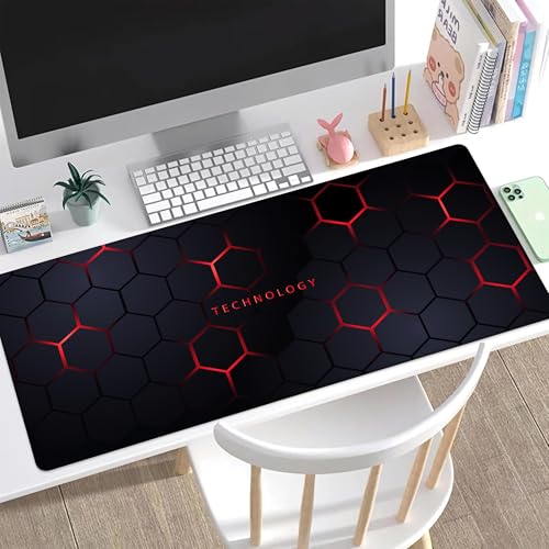 Desk Pad, Black and Red Honeycomb Hexagons Technology XL Gaming Mouse Pad with Stitched Edges,Non-Slip Waterproof Rubber Base Large Desk Mat for Keyboard and Mouse 31.5"x11.8" - color: Colour14, size: X-Large
