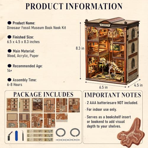 2026 Dinosaur Book-Nook Kits LED 3D Wooden Dino Library Puzzles Fossil Museum Themed Gift for Adults&Teen Kids DIY Miniature House Diorama- Bookshelf Room Decor with LED Softer Light, Bday Present