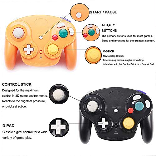 PGYFDAL Wireless Game Cube Controller, 2 Pieces 2.4G Wireless Classic Gamepad with Receiver Adapter for Wii Game Cube NGC GC (Black and Orange) - color: Black&Orange