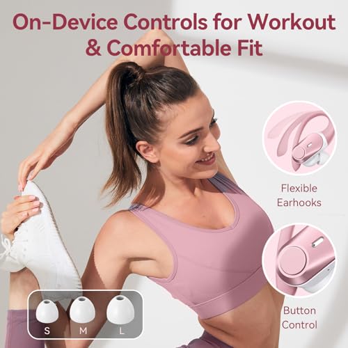 Active Noise Cancelling Ear Buds Wireless Earbuds 80H Playtime Bluetooth Headphones with LED Display Case, Hi-Res Audio Clear Calls Earphones with Over Ear Hooks for Running Gym Workout Rose Gold - color: Rose Gold