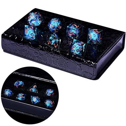 AUSTOR 7-Die DND Dice Set, Handmade Sharp Edge Polyhedral Dice for Dungeons and Dragons RPG MTG Table Games(Black & Blue) - color: Black & Blue