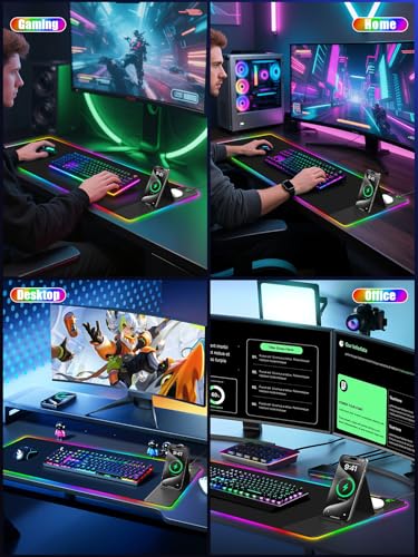 Mouse Pad with Foldable Phone Holder & Wireless Charger, XXL RGB Gaming Mousepad 31.5"x15.8" Large Desk Mat for Keyboard, Black Desk Pad with Dual Qi Charging Station | 11 Colors 5 Modes | Waterproof - color: 31.5x15.75"Phone Stand-Black Right Upgraded